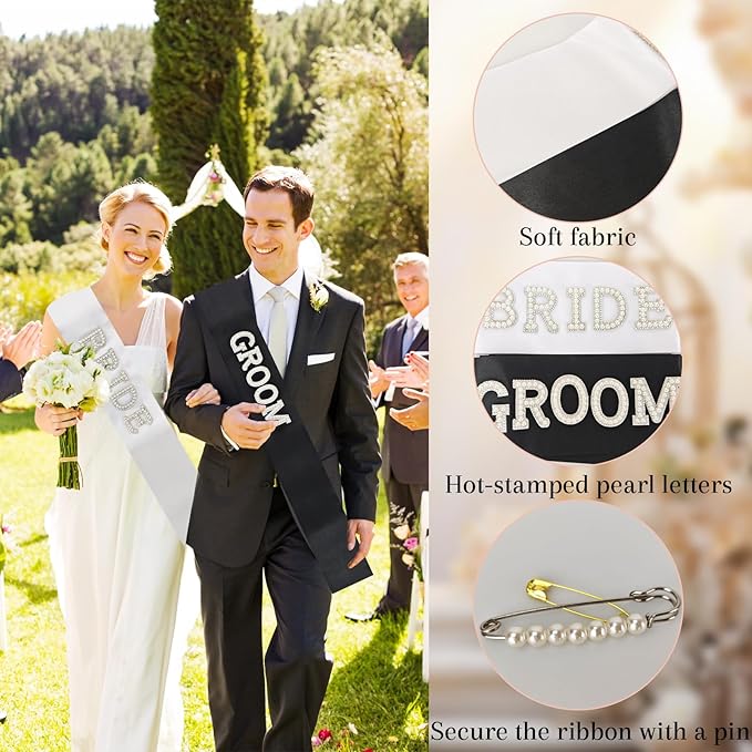 2Pcs Pearl Bride & Groom Sash Set – Bride Sash and Groom Sash, Wedding Engagement Decoration(White & Black, Extra Large)