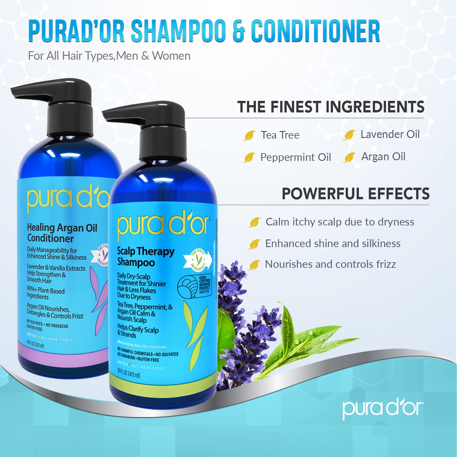 PURA D'OR Scalp Therapy Shampoo & Healing Conditioner Set For Dry & Nourishes Hair with Tea Tree & Scalp Therapy Energizing Scalp Serum Revitalizer with Argan Oil, Catalase & DHT Blockers