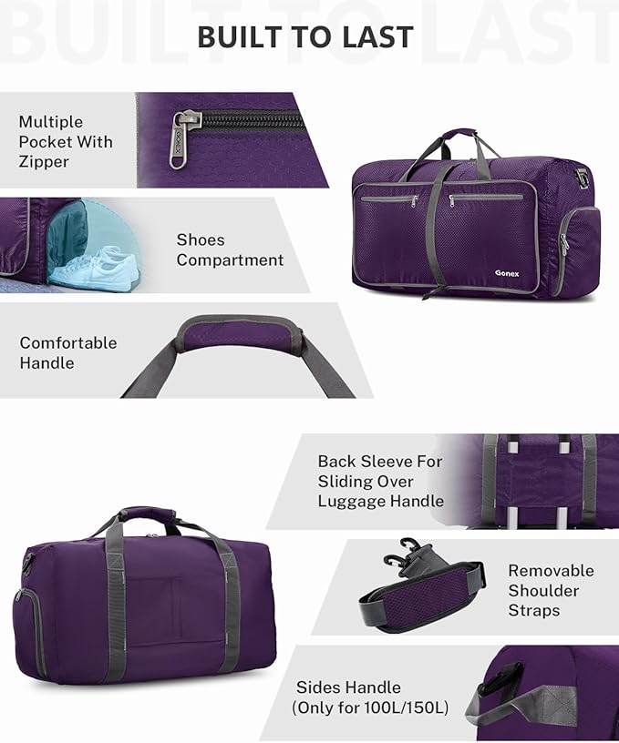 Gonex 40L 60L 80L 100L 150L Large Foldable Travel Duffle Bag with Shoes Compartment, Packable Lightweight Water Repellent Duffel Bag for Camping Gym Weekender Bag