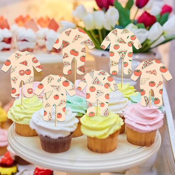 24PCS Pizza Onesie Baby Shower Cupcake Toppers Pizza Baby Shower Decorations Pizza Party Decorations for Cake Decor