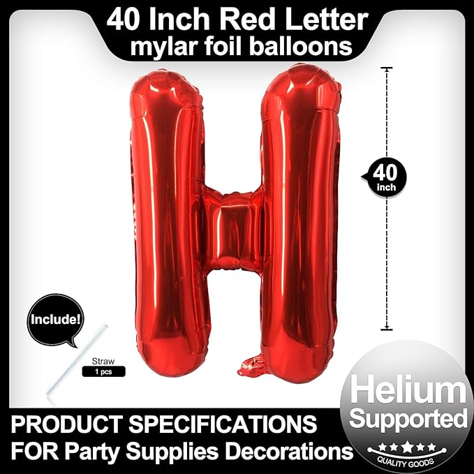 40 Inch Red Letter H Balloons, DIY Phrase Foil Alphabet Letter H Balloons DIY Word H Banner for Birthday Anniversary Celebration Graduation Party Supplies Decoration
