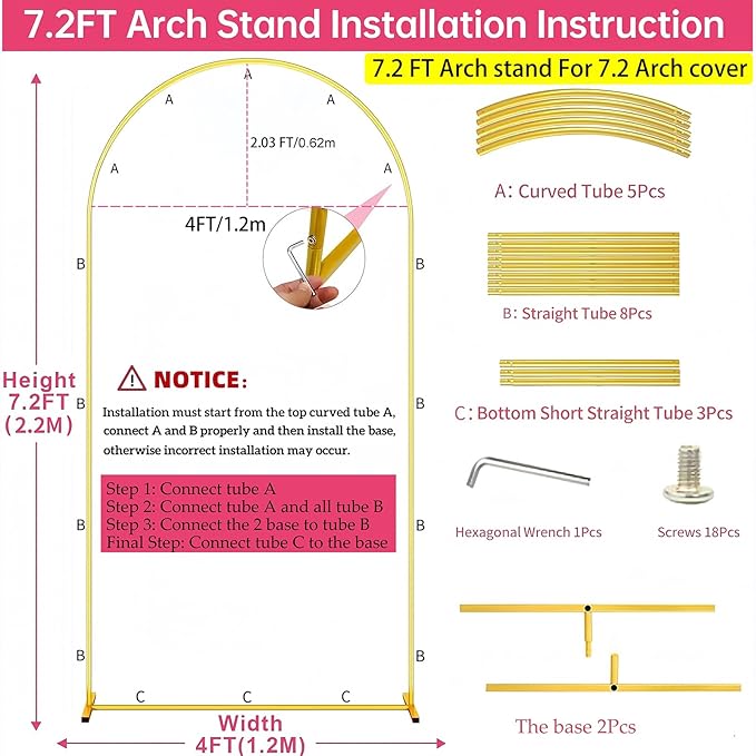 Metal Arch Backdrop Stand 7.2FT Gold Wedding Balloon Arched Backdrop Stand Square Arch Frame for Birthday Valentines Day Party Bridal Baby Shower Ceremony Decoration