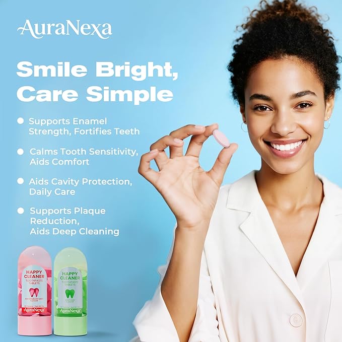 Auranexa Whitening Toothpaste Tablets – Remineralizing Nano Hydroxyapatite Chewable Toothpaste with Xylitol & Probiotics, Lime Mint + Watermelon Mint, Fluoride-Free, 2 Bottles (60 Tablets)