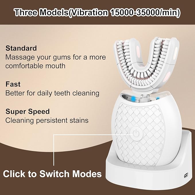 Magentak Electric U Shaped Toothbrush for Adult,360 Degree Automatic Cleaning, Ultrasonic Tooth Brush has 23760 Nylon Bristles and 3 Modes Standard, Fast, Ultra Fast(White)
