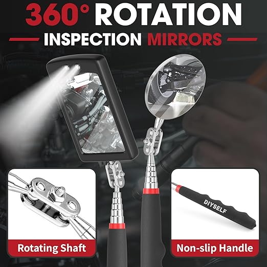 DIYSELF Telescoping Magnetic Pickup Tool, Inspection Mirror, Telescoping Magnet, LED Flashlight, 360 Swivel, Magnet Tool, Flexible Magnet Pickup Tool for Men, Cool Gifts for Dad, Husband, 5-in-1 Set