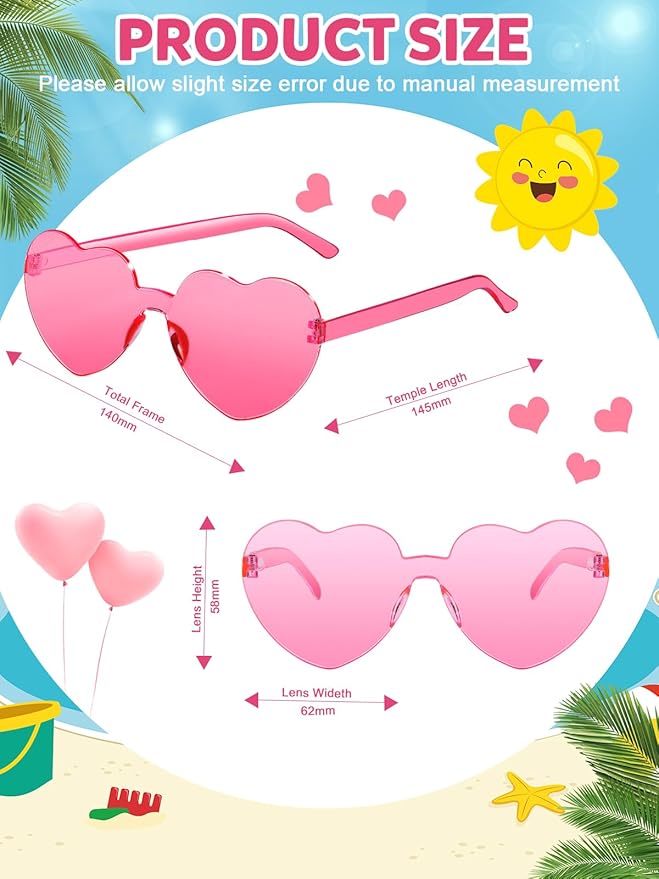 12 Pairs Heart Shaped Sunglasses for Women Colorful Glasses Fun Trendy Transparent Heart Sunglasses Party Favor (Pink Series)