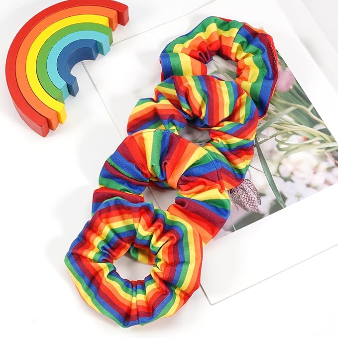 Rainbow Hair Scrunchies Elastic Pride Hair Ties for Women Girls Colorful Striped Hair Tie Rainbow Ponytail Holder Cute Hair Ring Hair Accessories