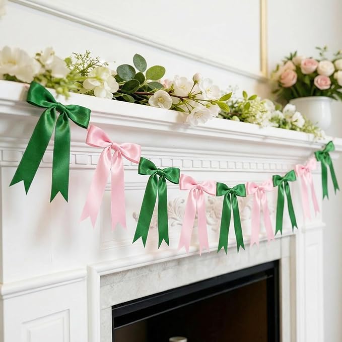 2 Strings Pink & Green Bow Garland Banner Decorations, 16Pcs Pre-Strung Satin Ribbon with 6.7ft Chain for Girls Ribbon Bow Banner Coquette Room Birthday Baby Shower Bachelorette Wedding Party Decor
