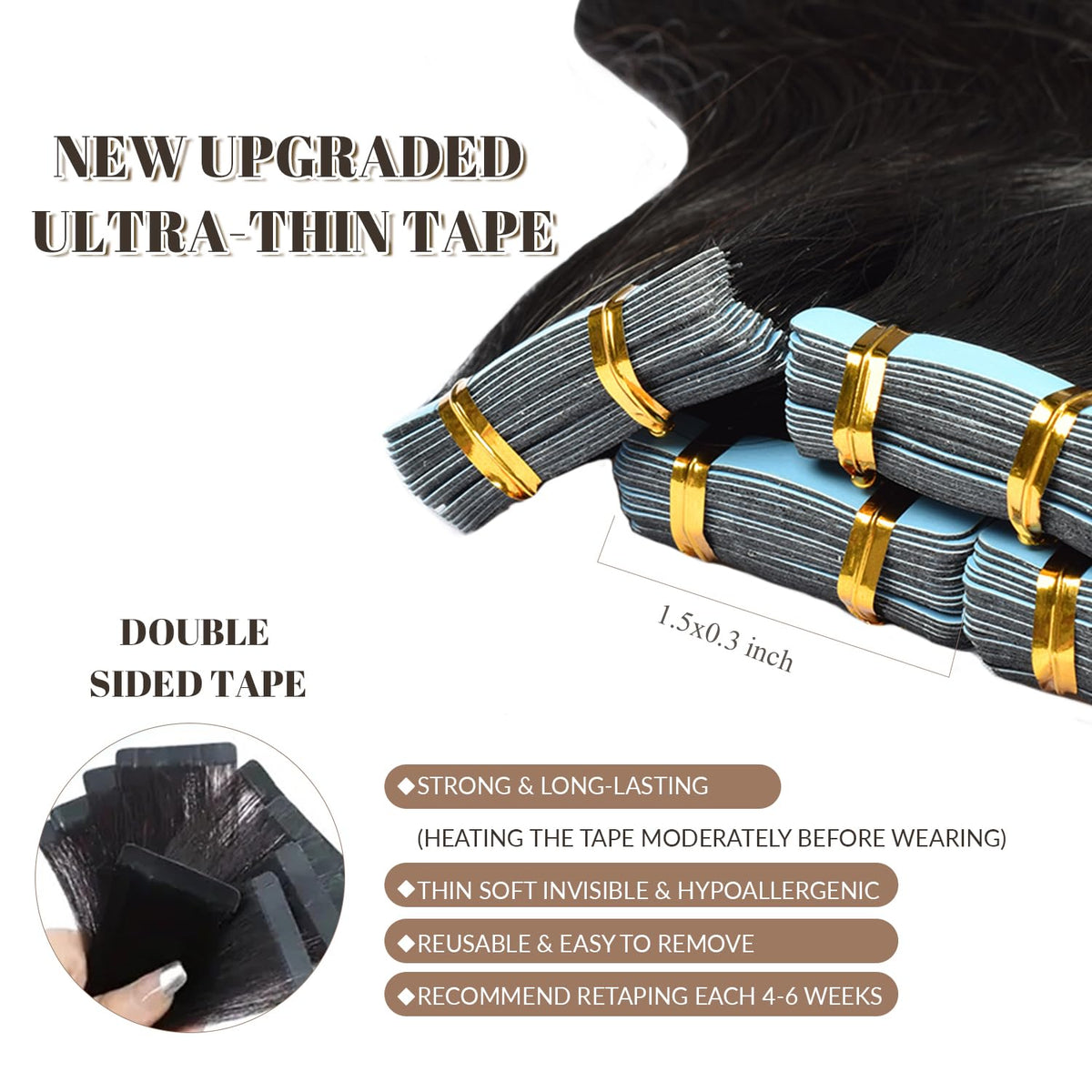 Tape in Hair Extensions Human Hair Body Wave 100% Remy Human Hair 16 Inch 50g/pack 20pcs Tape Hair Extensions Natural Black Real Human Hair Extensions for Black Women Human Hair Tape in Extensions