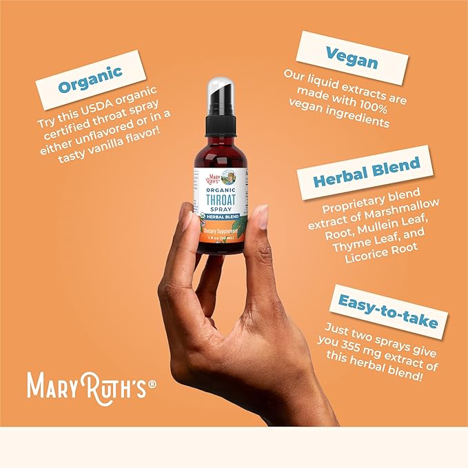 MaryRuth Organics USDA Organic Throat Spray with Mullein Leaf | Marshmallow Root & Licorice Root & Thyme Leaf | 4 Herbal Blend | Non-GMO | Vegan | Gluten Free | 1 Fl Oz | Up to 100 Servings