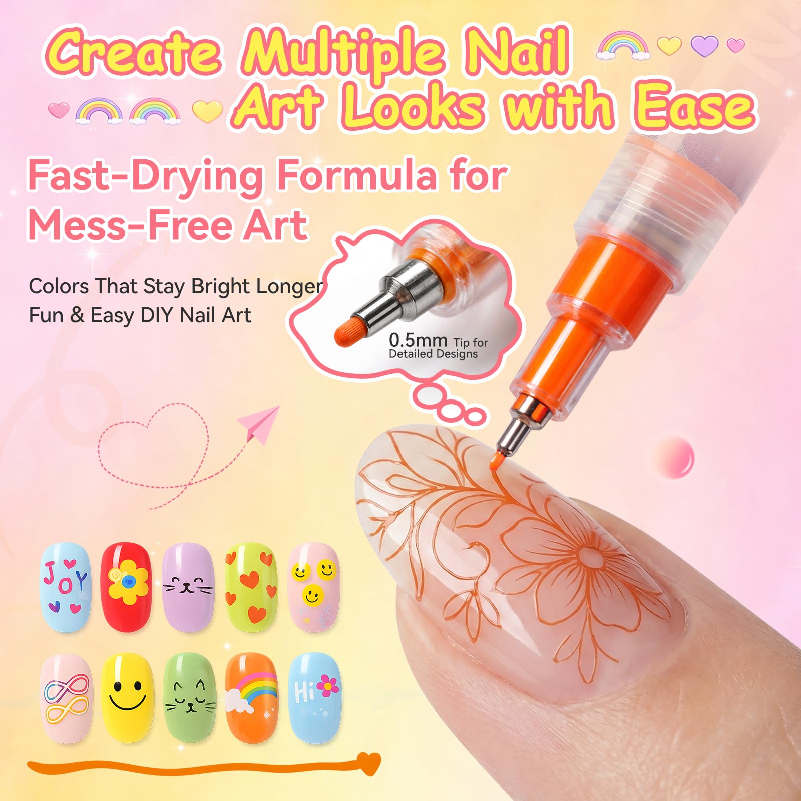 12 Colors Nail Art Pens Kit, 0.5mm Precision Nail Art Markers, Quick-Dry Waterproof Nail Polish Pens for DIY Manicure, Drawing & Creative Nail Art Designs