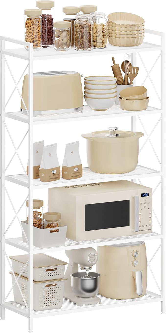 SONGMICS 5-Tier Metal Storage Rack, Shelving Unit with X Side Frames, Dense Mesh, 12.6 x 31.5 x 57.3 Inches, for Entryway, Kitchen, Living Room, Bathroom, Industrial Style, Cloud White UBSC185W01