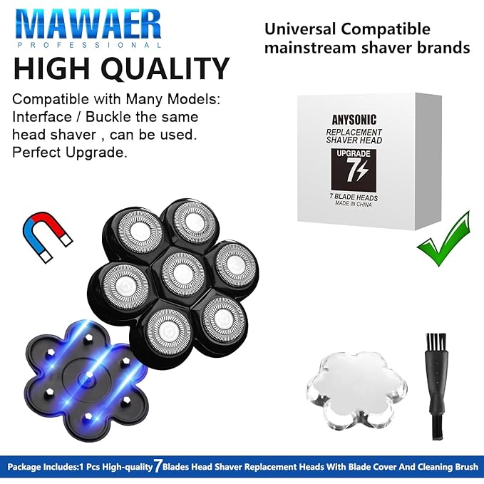 Universal Magnetic Interface 7 Blades Head Shaver Replacement Heads for Freedom Series Head Shaver, Universal Replacement Heads Wet and Dry (7 Blades, Magnetic Interface)