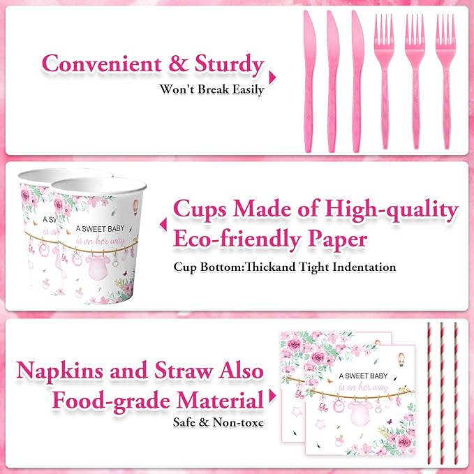 Pink Baby Girl Shower Party Supplies Tableware Sets,Includes Disposable Plates, Napkins, Cups,Straws,Cutlery, Balloons, Banner, and Tablecloth for Party Baby Shower Birthday Decorations,Serves 20