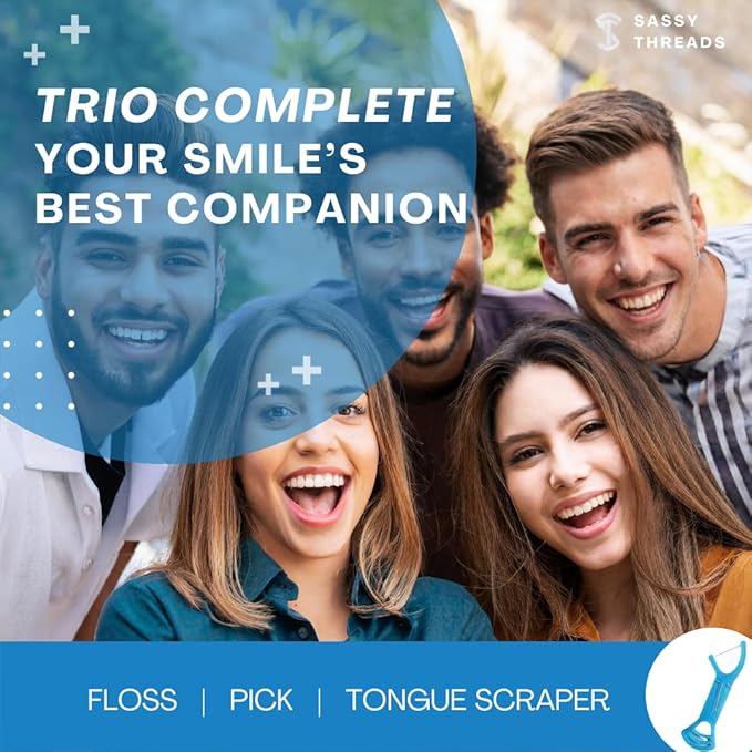 3-in-1 Complete Dental Care Set: Double Thread Floss Picks, Toothpicks, and Tongue Scraper - Your Oral Hygiene Solution with Disposable Floss Sticks for On The Go or Travel (3)