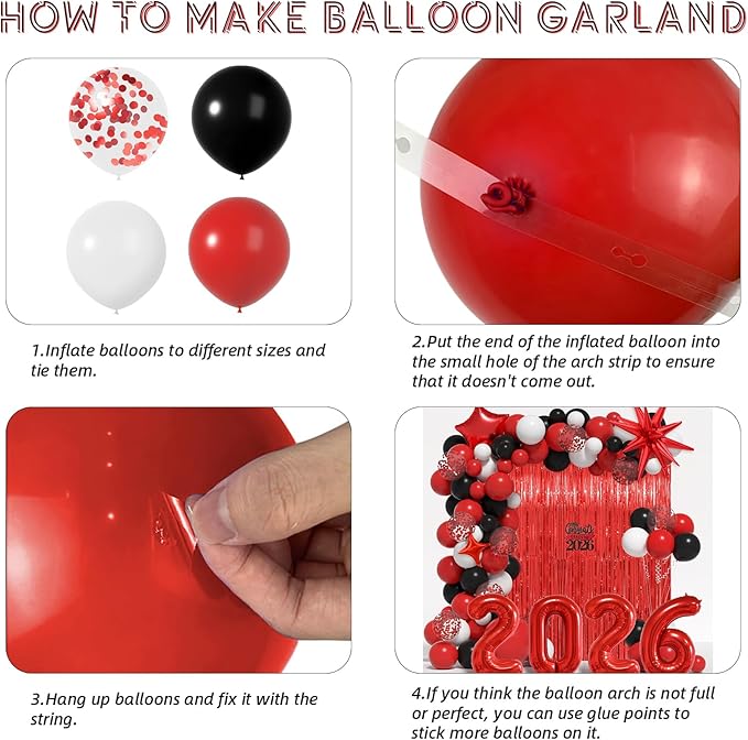 Graduation Balloon Arch Kit 2026 Graduation Party Decorations, Different Sizes 5 12 18 Inch Red Black Graduations Balloons Arch with Class of 2026 Cake Toppers, Fringe Curtain, Star & 2026 Balloons