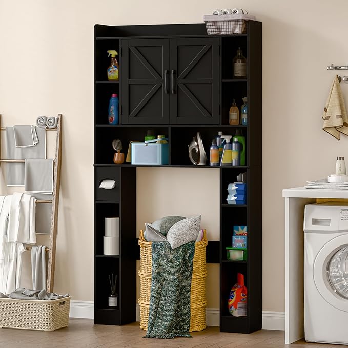 Farmhouse Storage Cabinet Over Toilet with Barn Doors，Over The Toilet Storage Cabinet, Home Space-Saving Toilet Rack, for Bathroom, Restroom, Laundry.Pure Black