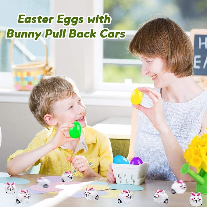 60Pack Easter Eggs with Bunny Pull Back Cars,30 Sets Cartoon Rabbit Vehicles,Easter Basket Filler Stuffers for Party Favors,Classroom Prizes,Birthday Gifts,Kids,Girls,Boys
