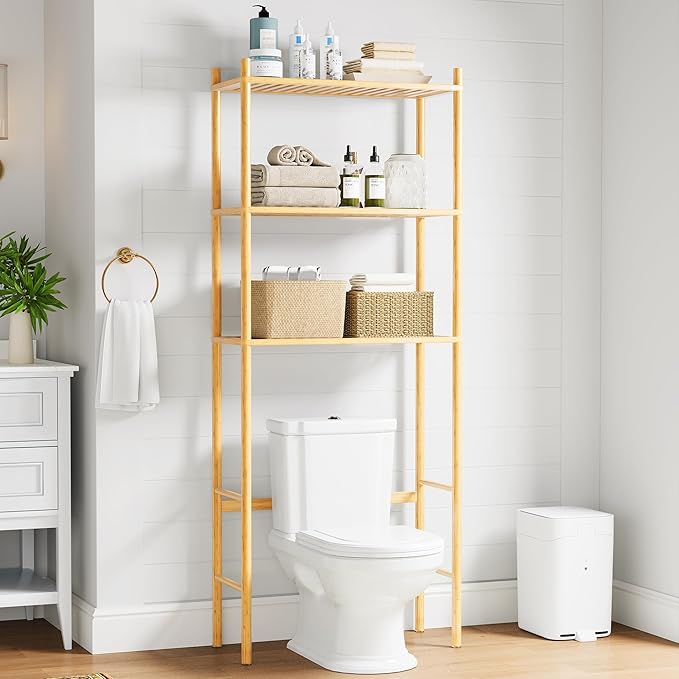 3 Tier Over The Toilet Organizer Rack Bamboo, Freestanding Bathroom Toilet Storage Shelf, Space Saving and Easy to Install, Adjustable Feet, Adjustable Bottom Rod