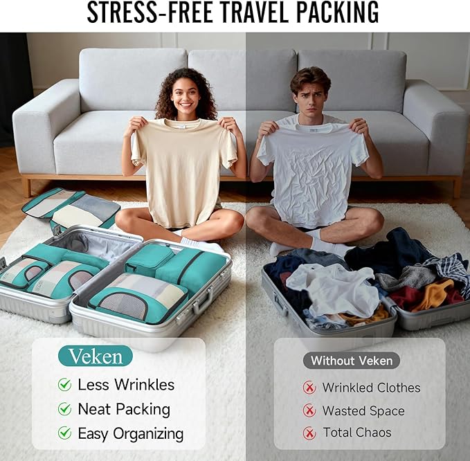 Veken 8 Set Packing Cubes for Travel Essentials, Suitcase Organizer Bags in 4 Sizes, Carry-On Luggage Accessories with Large Laundry Bag & Passport Holder, Must-Have for Airplane, Road Trip & Camping