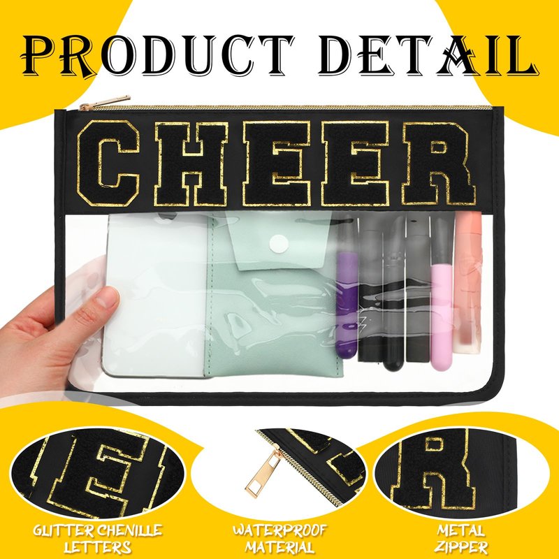 Abbylike 4 Pcs Cheer Makeup Bag Gift Set 11.8x8.2 Inches for Cheerleader Team Girls Clear Chenille Letter Cosmetic Bags Zipper Toiletry Makeup Pouch Bulk Women Travel Snack Bag(Black,Cheer)