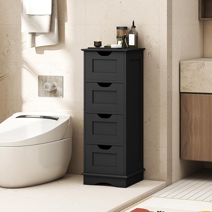 Giantex Bathroom Storage Cabinet with 4 Drawers, 32" Freestanding Storage Organizer Unit with Cutout Handles, Anti-Tipping Device, Narrow Floor Cabinet for Hallway, Living Room, Entryway (Black)