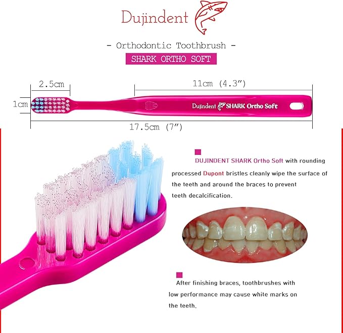 Orthodontic Toothbrush for Braces [4 Packs][Made in Korea] V Trim Cutting American Bristles Braces Toothbrush for Brackets and Wires Cleaning (Shark Ortho Soft, 4 Pack)