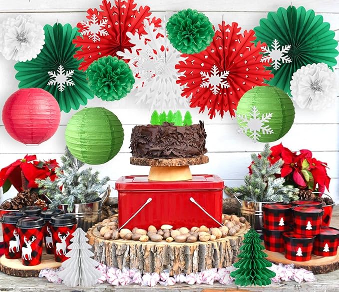 Christmas Party Decorations Indoor Red White and Green Christmas Decorations Hanging Paper Snowflakes Fans Paper Tree for Bridal Shower Baby Shower Birthday Party