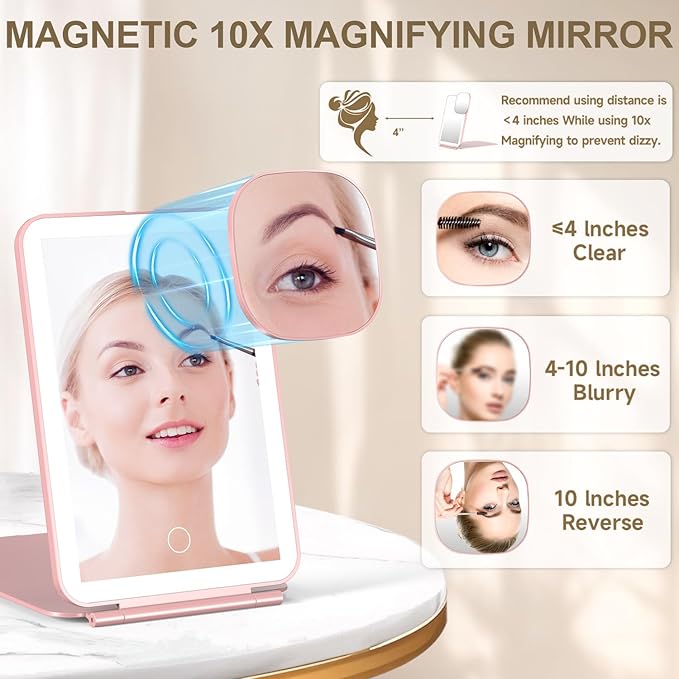 LED Foldable Travel Makeup Mirror - 5x7 inches 3 Colors Light Modes USB Rechargeable Touch Screen, Portable Tabletop Cosmetic for Travel, Cosmetic, Office (Rose Gold)