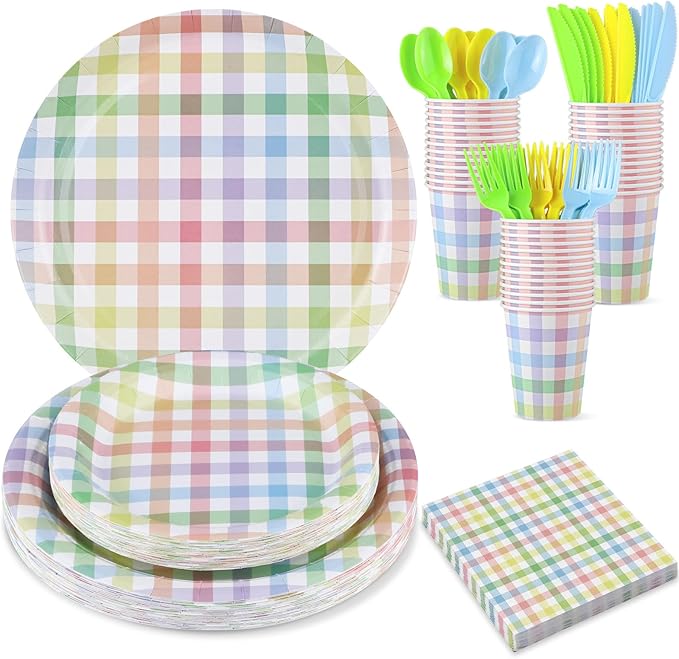 175 Pcs Easter Plates and Napkins, Easter Plaid Party Supplies Include Spring Pastel Gingham Plates Napkins Cups Plastic Cutlery Pastel Party Decorations for Baby Shower, Picnic, Birthday