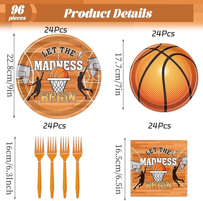 Rakuto March Basketball Party Decorations, 96PCS Let the Madnes Begin Disposable Paper Plates Napkins and Forks Party Decoration, Madnes Sports Theme Birthday Decor for Kids Boys Supplies Serve 24