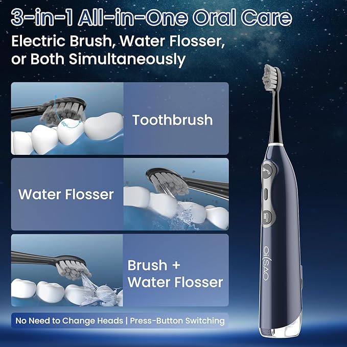 3-in-1 Flossing Toothbrush-Flosses, Vibrates and Oscillates, Electric Toothbrush with Water Flosser Equipe 5 Brush Heads, Plaque Removal for Sensitivity, Braces-Blue