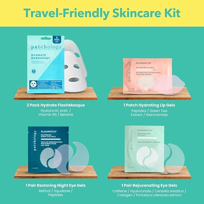 Patchology On The Fly Travel Facial Kit – Travel-Friendly Hydrating Skincare Essentials for Face, Eyes and Lips – Includes 2 Pair Under Eye Patches, 2 Hydrate Sheet Mask for Refreshed Skin,1 Lip Mask
