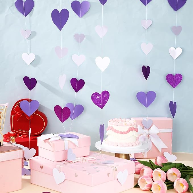 10 Pack 130ft Purple Lavender White Holographic Heart Party Garland Asymmetrical Love Hanging Banners for Birthday Wedding Baby Bridal Shower Engagement Bachelorette Graduation Decorations