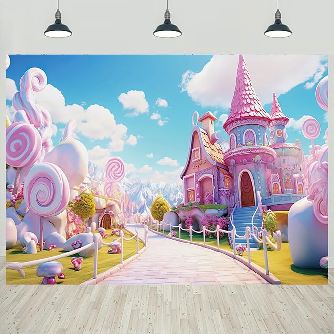 6x4ft Candyland Backdrop Pink Sweet Candy Castle Fairy Tale Photography Background for Girls Princess Birthday Baby Shower Party Decorations Kids Portraits Banner Photo Studio Props