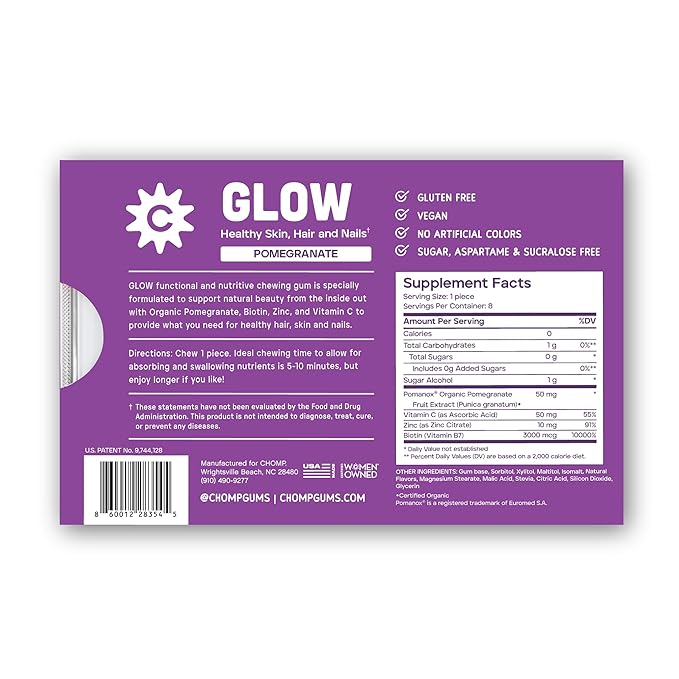 Chomp Gums - Glow - Beauty Gum (1 Pack) - Healthy Chewing Gum - Pomanox + Biotin + Zinc - Supports Healthy Skin, Hair, & Nails - Pomegranate Flavor - Gluten & Sugar Free - Aspartame & Sucralose Free