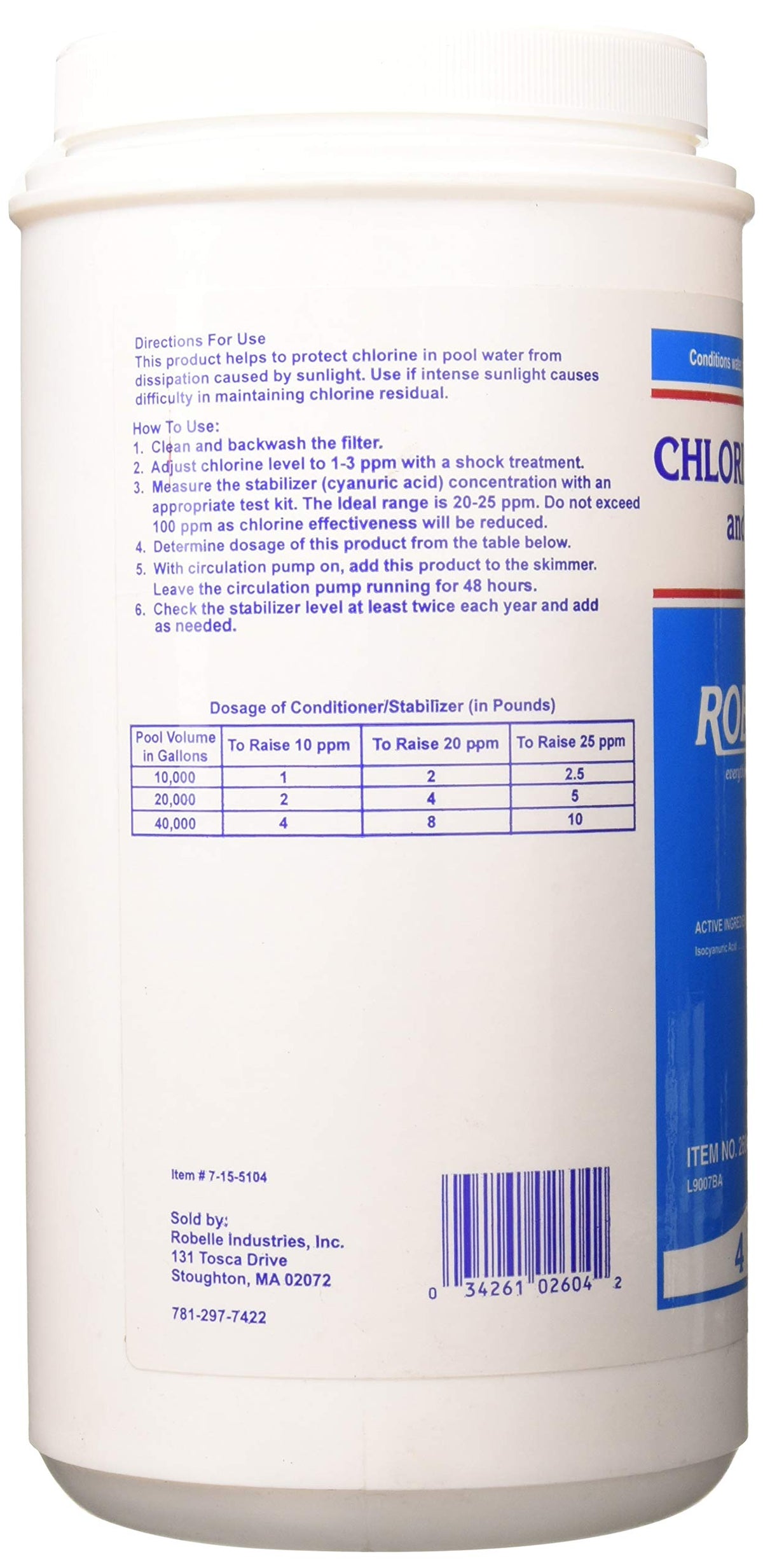 Robelle 4-Pounds Premium Chlorine Stabilizer and Conditioner, Concentrated Cyanuric Acid for Pools, Pool Stabilizer, Helps Chlorine Last Longer, Made in USA