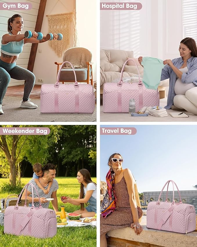 Women Weekender Travel Duffle Bag: Travel Duffel Overnight Bags with Shoe Compartment Large Carry on Tote with Toiletry Bag Weekend Traveling Yoga Gym Hospital Bag for Women with Wet Pocket Pink