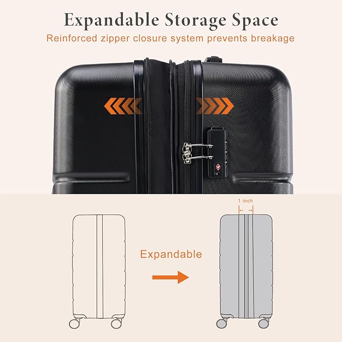 Sweetcrispy Carry on Suitcase, Luggage with Spinner Wheels, Hard Shell ABS, TSA Lock, 24 Inch Black