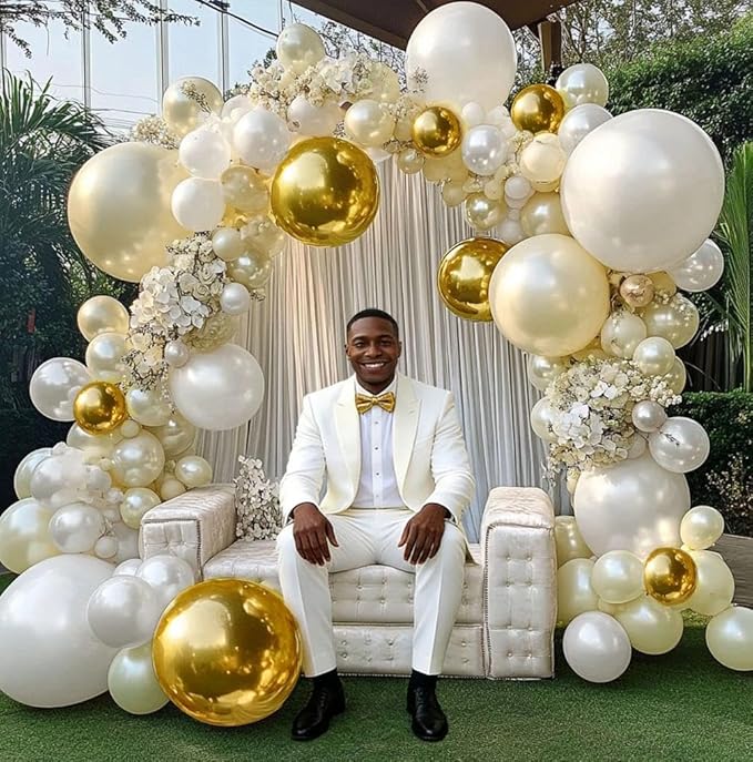 White and Gold Balloon Garland - Double Stuffed Pearl Sand White Gold Balloons Arch Kit 5 12 18 inch for Birthday Graduation Bar Mitzvah Bachelorette Wedding Baby Shower Party Decoration