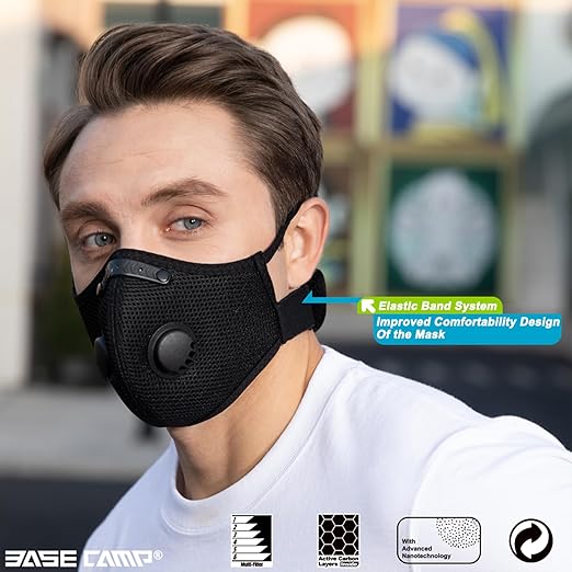 BASE CAMP Upgrade M Plus Dust Mask 2 Pack, Breathable Reusable Dust Face Mask with 6 Activated Carbon Filters for Woodworking Construction Mowing Grinding