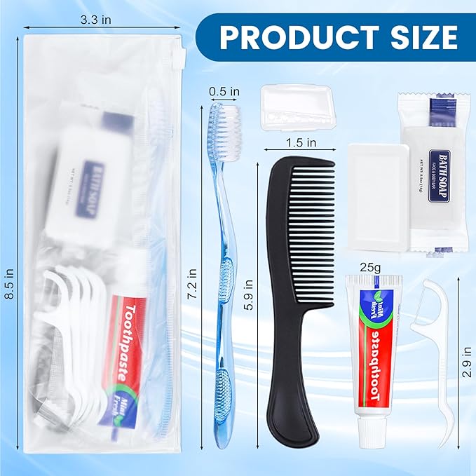 100 Sets Personal Hygiene Kit Basic Toiletry Kits Homeless Supplies Bulk for Women,Men,Travel,Charity,Business Include 100 Toothbrush,100 Toothpaste,100 Comb,100 Bath Soap,500 Floss Pick