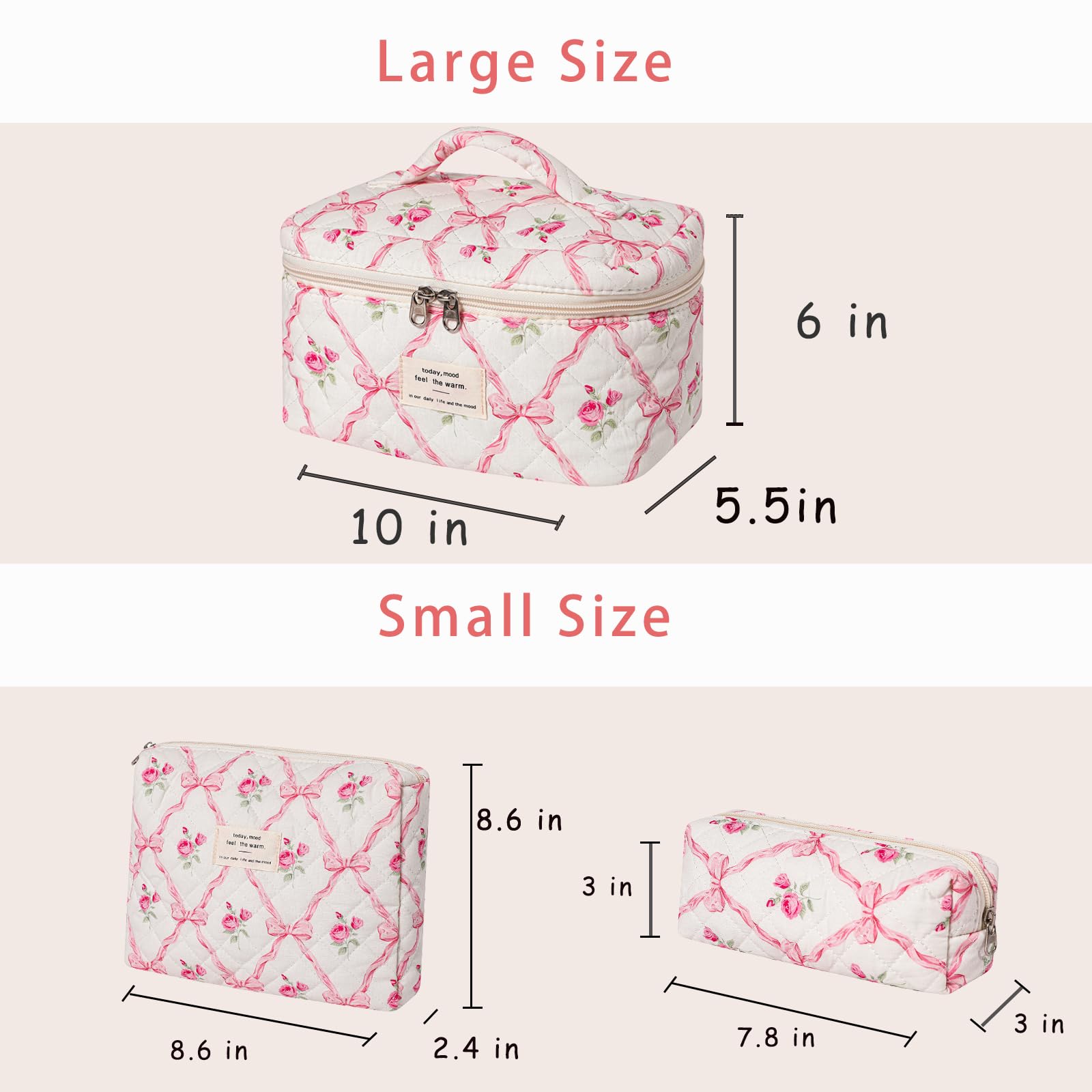 RSRSLEII 3Pcs Large Quilted Makeup Bag for Women and Girls, Cute Coquette Floral Cotton Cosmetic Bag, Aesthetic Travel Organized Toiletry Bags (3Pcs Pink Bows)