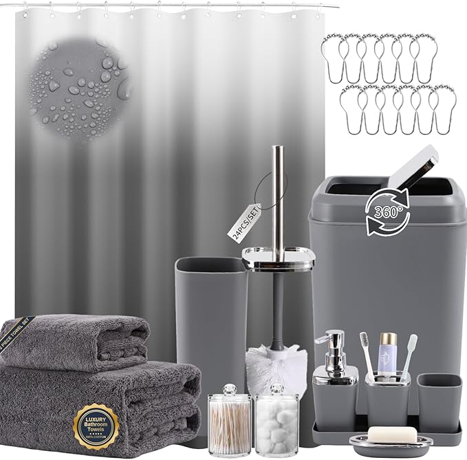 Grey Bathroom Accessories, 24 Pieces Grey Bathroom Accessories Set with Shower Curtain, Bath Towels, Trash Can, Soap Dispenser and Soap Dish for Bathroom/Housewarming