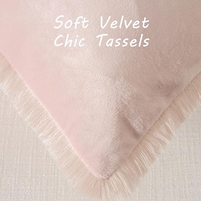 FUTEI Pink Velvet Decorative Throw Pillow Covers 26x26 Set of 2,Soft Cozy Edge with Tassels Euro Pillow Shams,Boho Modern Home Decor for Couch Bed Living Room