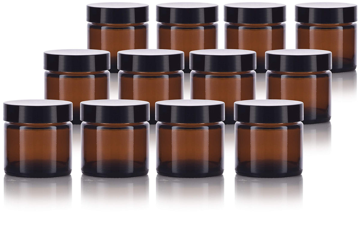 (12 Pack) Amber Glass Jar with Black Lined Lids 1 oz / 30 ml