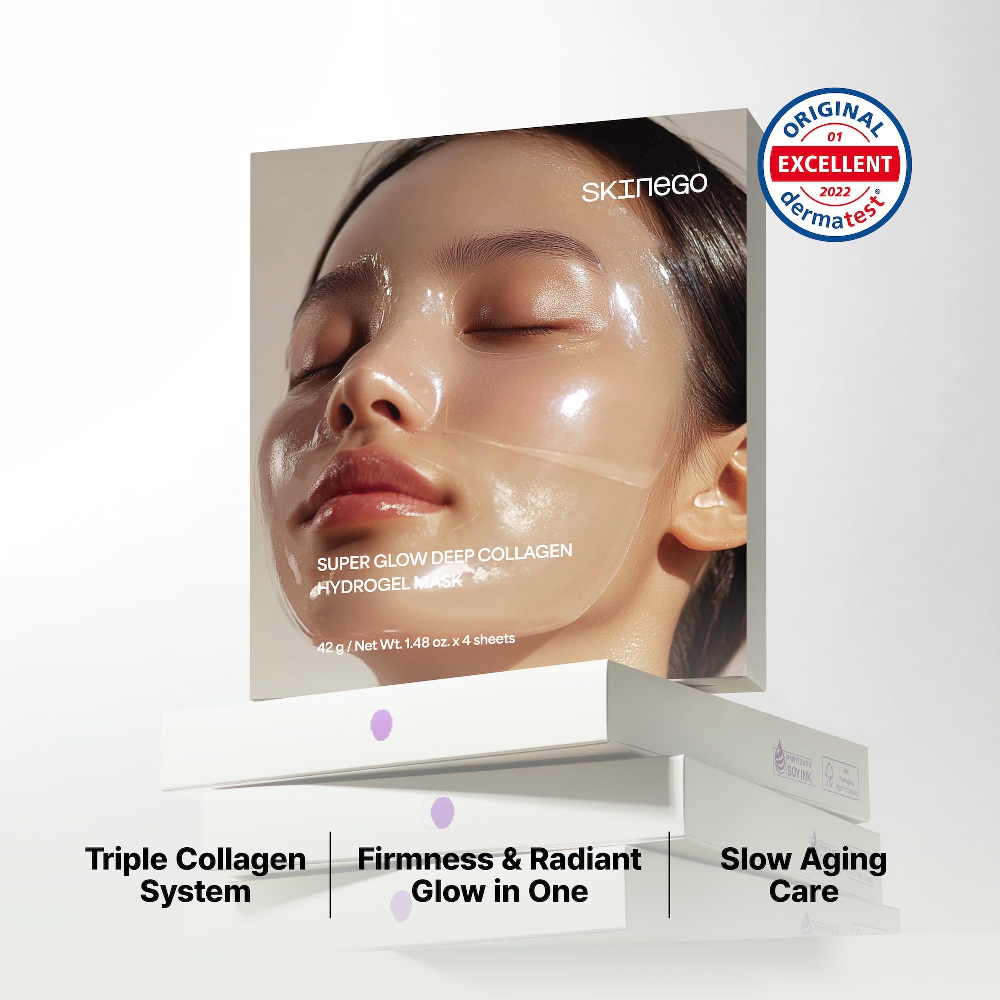 SKINEGO Pharmeus Super Glow Deep Collagen Hydrogel Mask 1.48 oz × 4 Sheets, 5,000,000ppb Hydrolyzed Collagen, Elasticity, Wrinkle Care & Radiance, Overnight K-Beauty Mask (4 Count (Pack of 1))