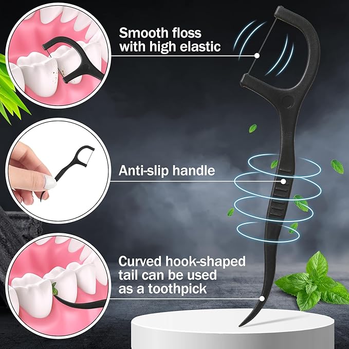 Maxcheck 2000 Count Floss Picks Bulk Natural Dental Floss Picks Toothpicks Sticks High Pull Tooth Flosser Sustainable for Teeth(Black)