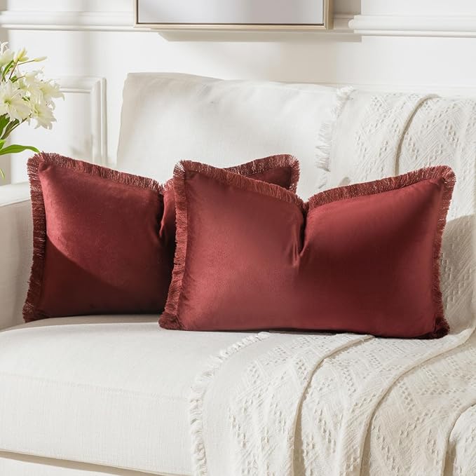 FUTEI Burgundy Velvet Decorative Throw Pillow Covers 12x20 Set of 2,Soft Cozy Edge with Tassels Lumbar Pillow Cases,Boho Modern Home Decor for Couch Bed Living Room