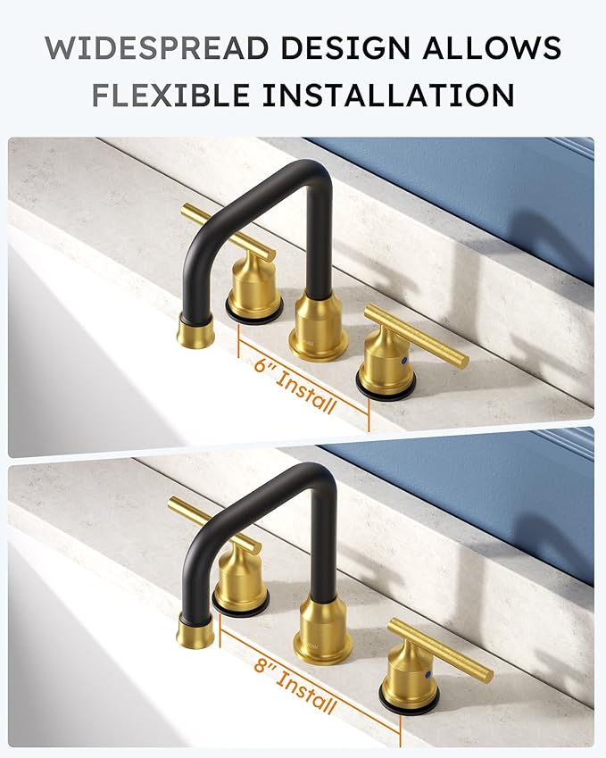 WOWOW Widespread Bathroom Faucet 3 Hole Bathroom Sink Faucet 2 Handle Vanity Faucet 8 Inch with Pop-Up Drain Black and Gold